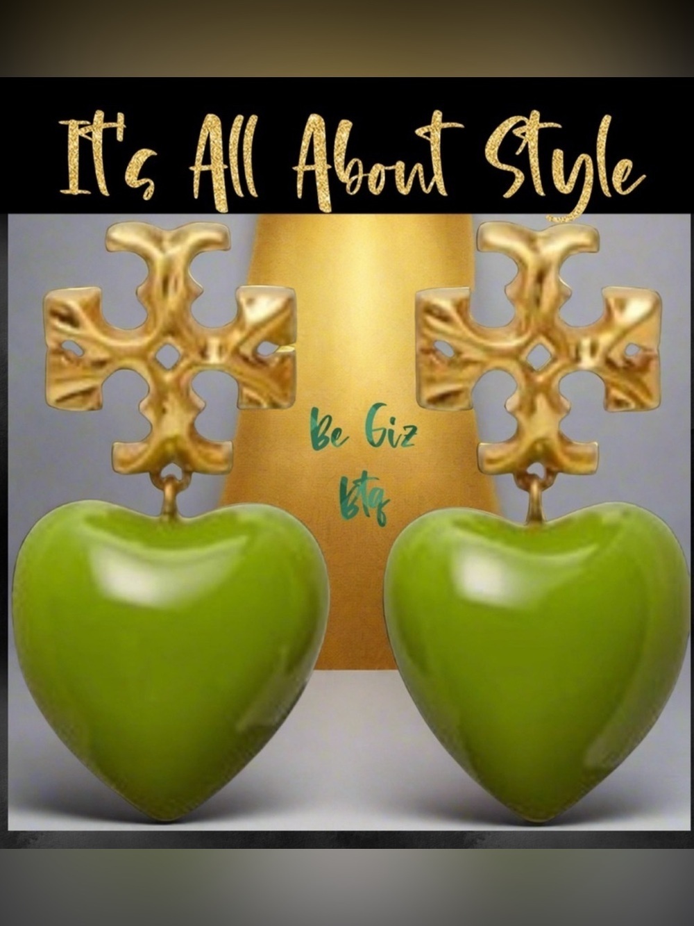Authentic Roxanne Gold Tone & Resin Heart Earrings In Green